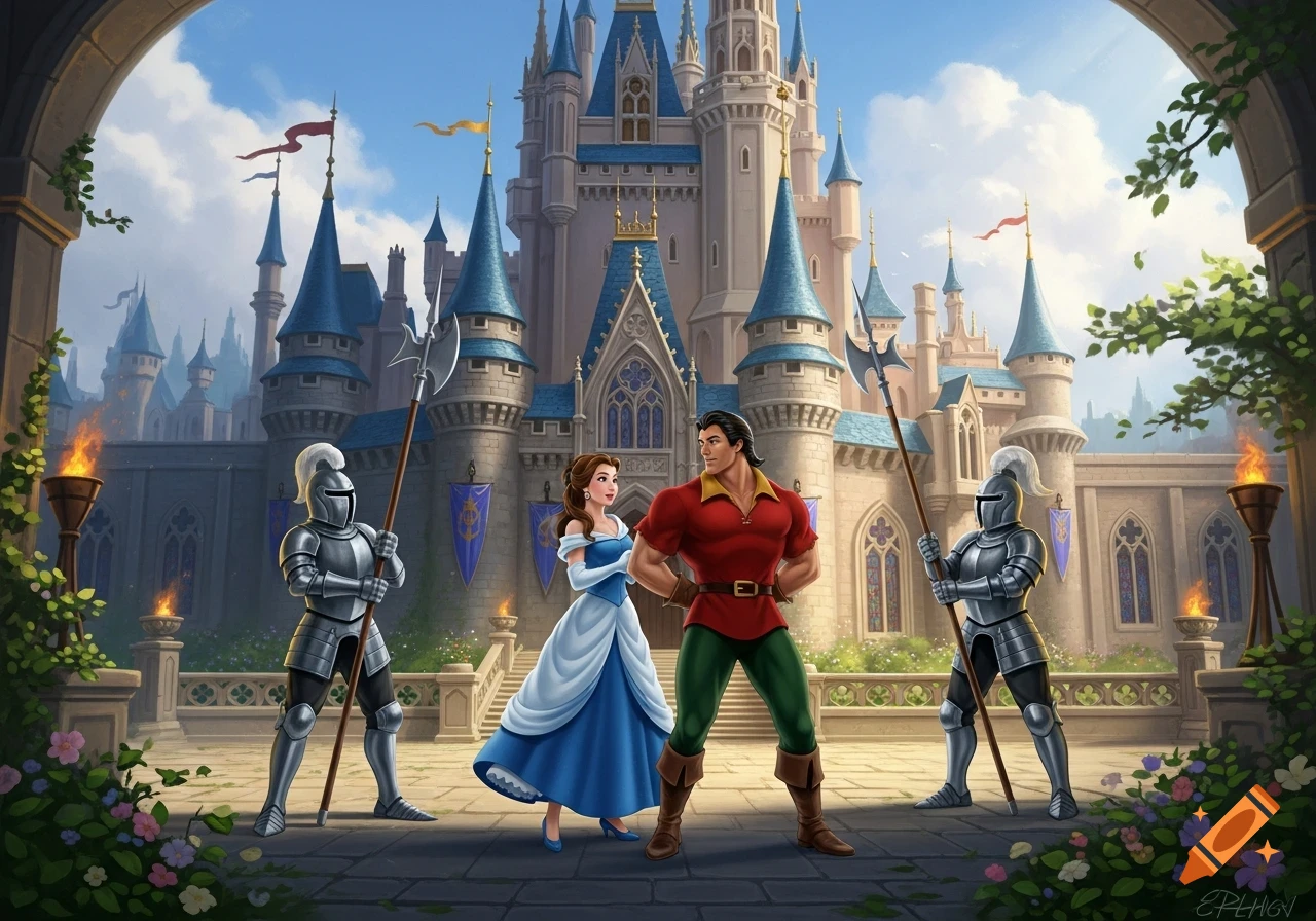 Belle in a blue dress and Gaston in a red shirt stand with two armored knights wielding halberds in front of a grand castle.
