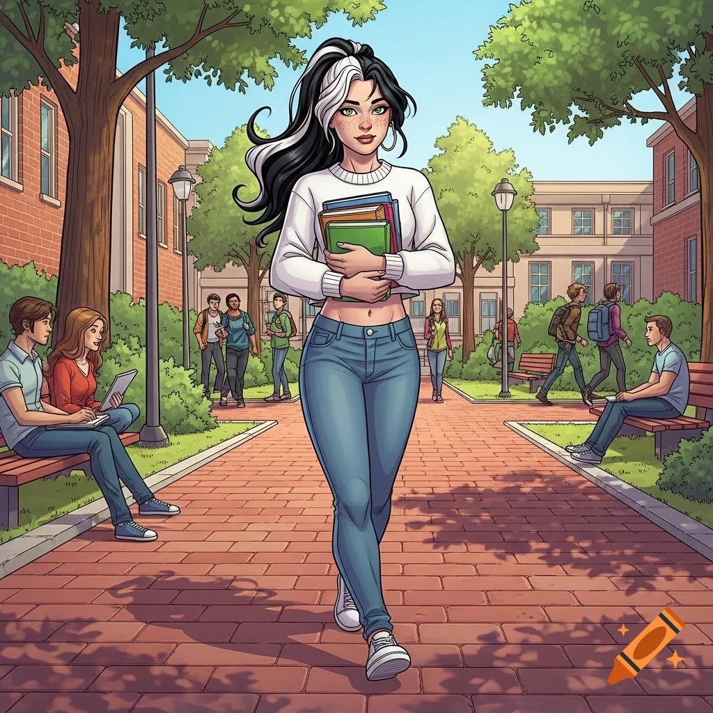 A young woman with black and white hair, green eyes, and freckles walks across a college campus carrying books, in a Marvel comic style.