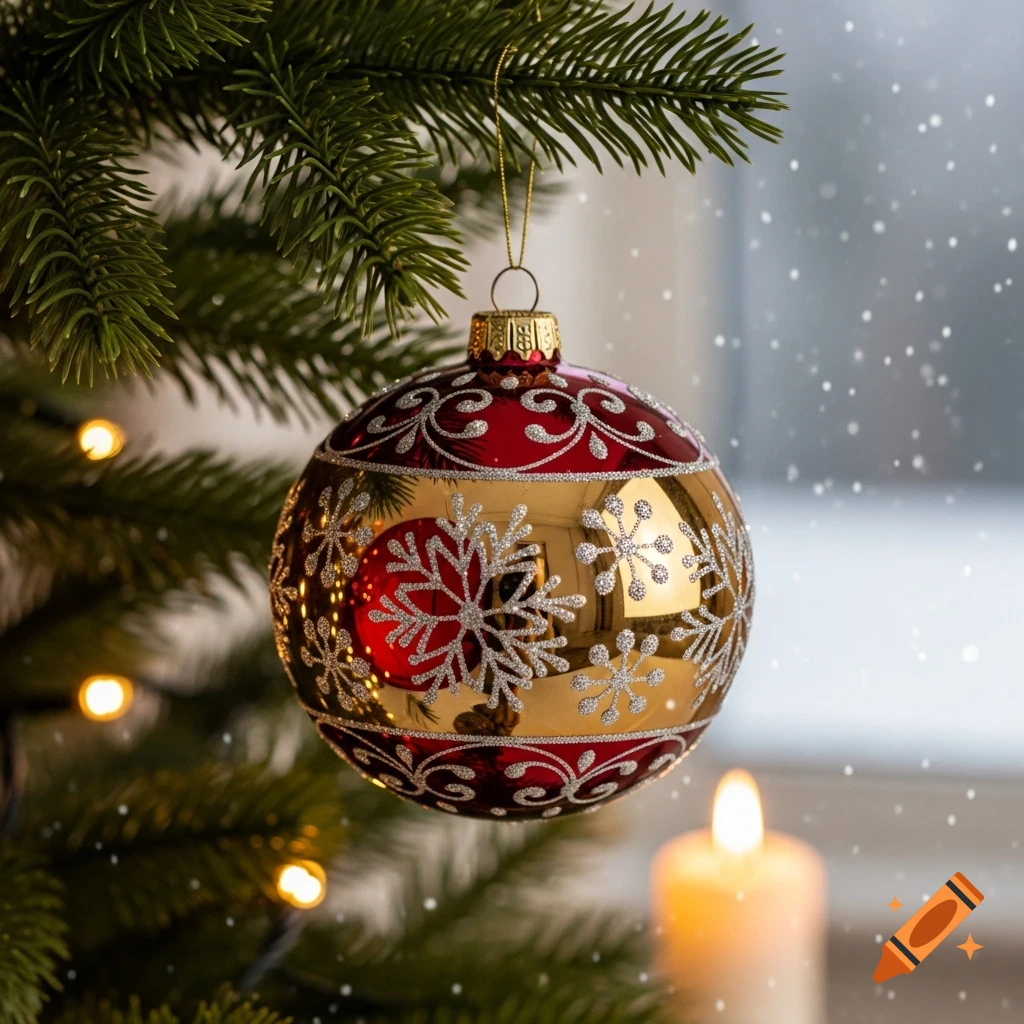A red and gold Christmas ornament with silver snowflakes hanging from a pine branch, with a lit candle and falling snow in the background.