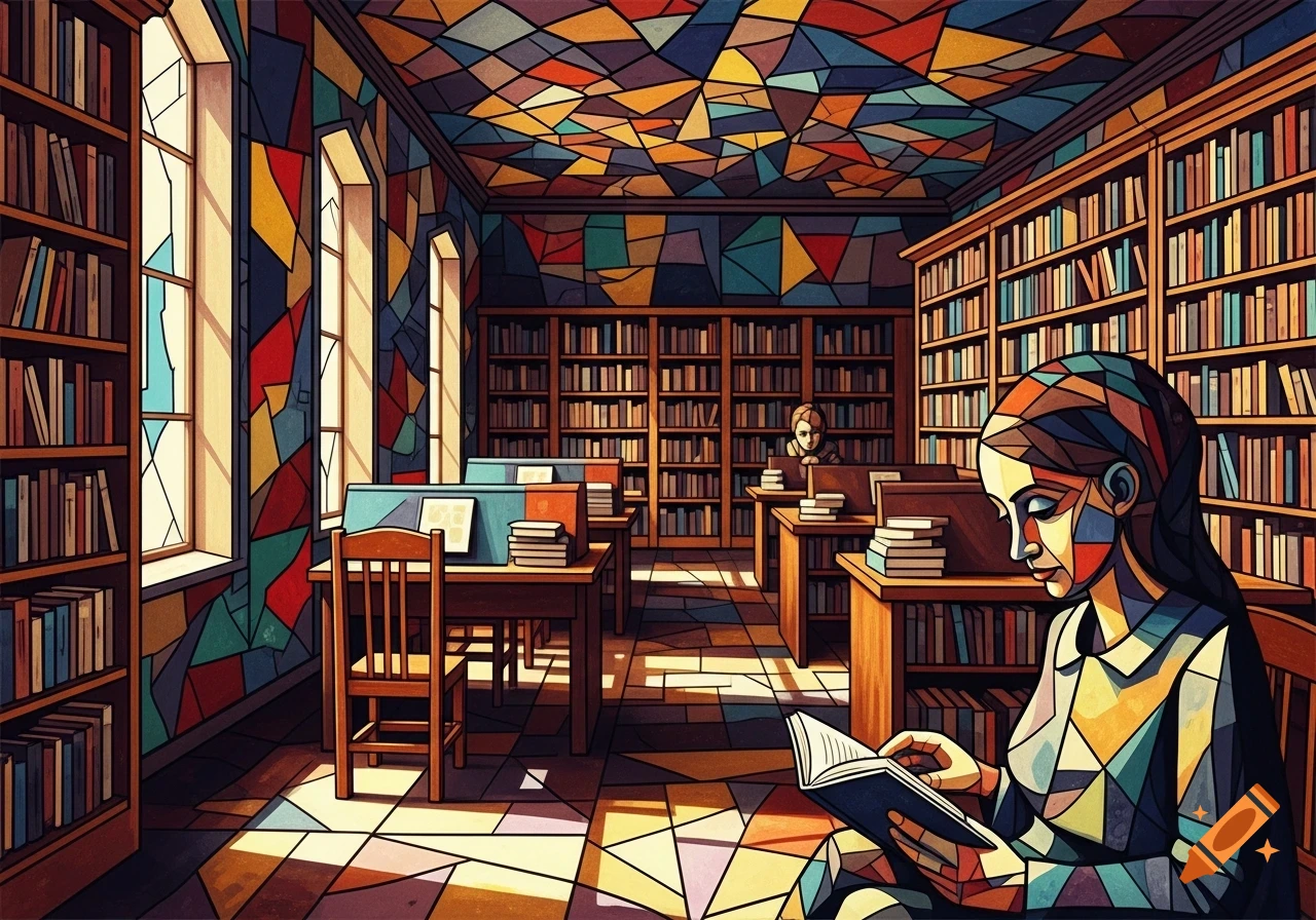 A vibrant library in a stained-glass style, with geometric patterns forming bookshelves, windows, and a person reading a book.