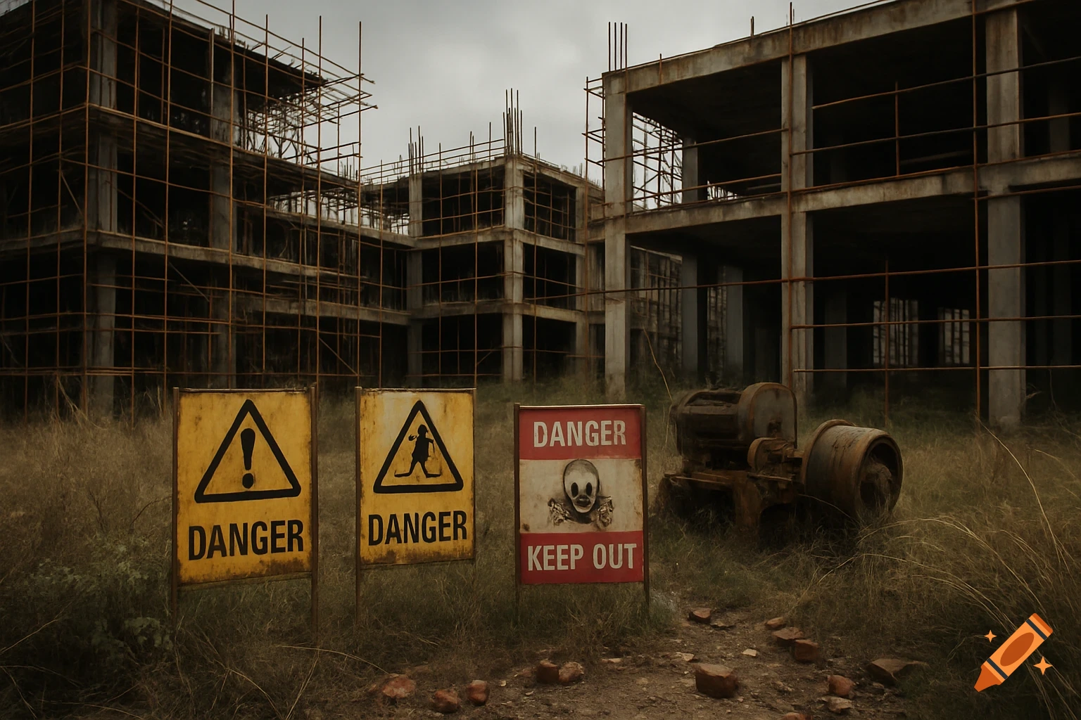 Photorealistic view of an abandoned construction site with skeletal buildings, overgrown grass, and three weathered danger signs, one with a skull symbol.