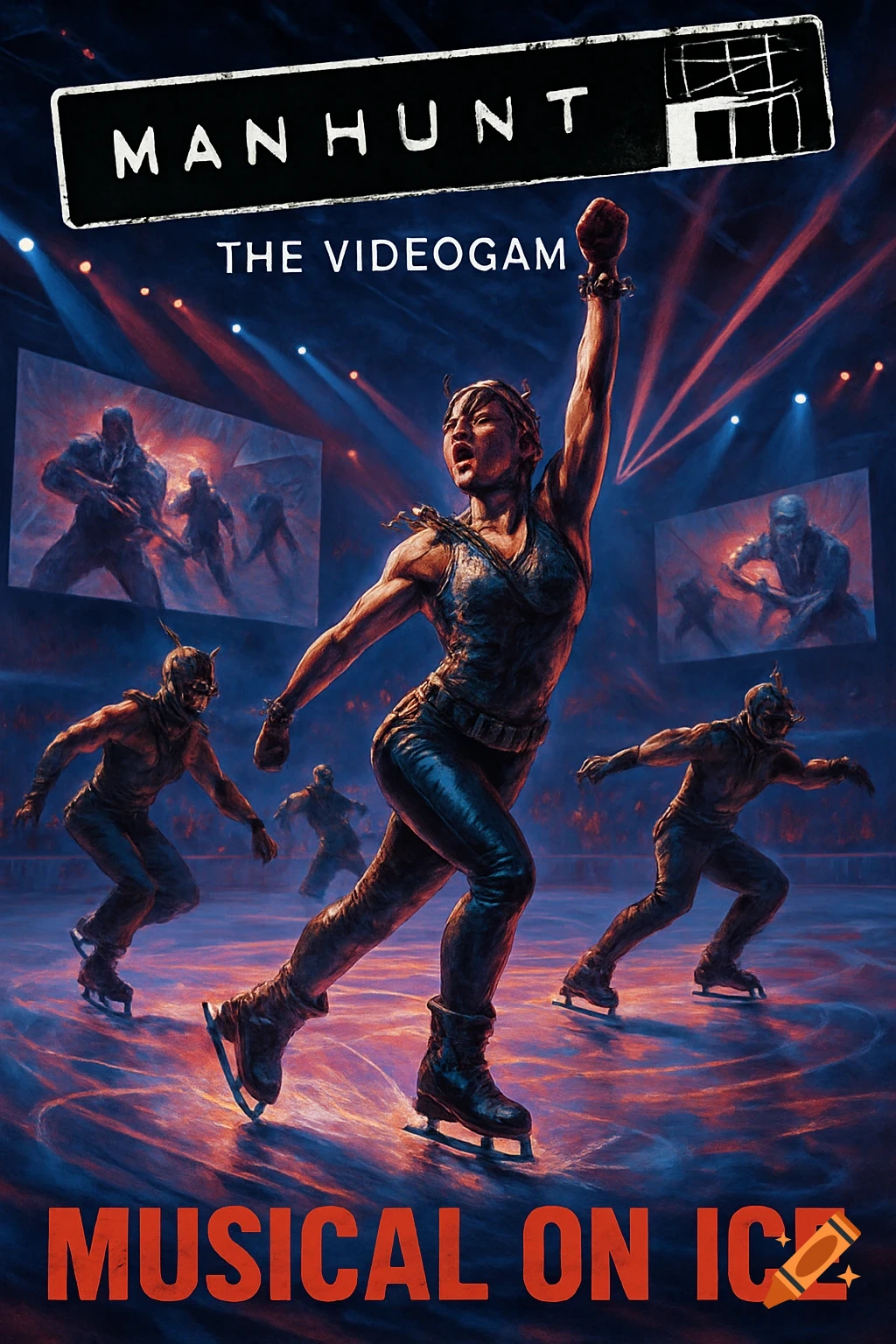 Dramatic poster for "Manhunt the Videogam Musical on Ice" with a powerful female ice skater and shadowy figures on an arena ice rink.