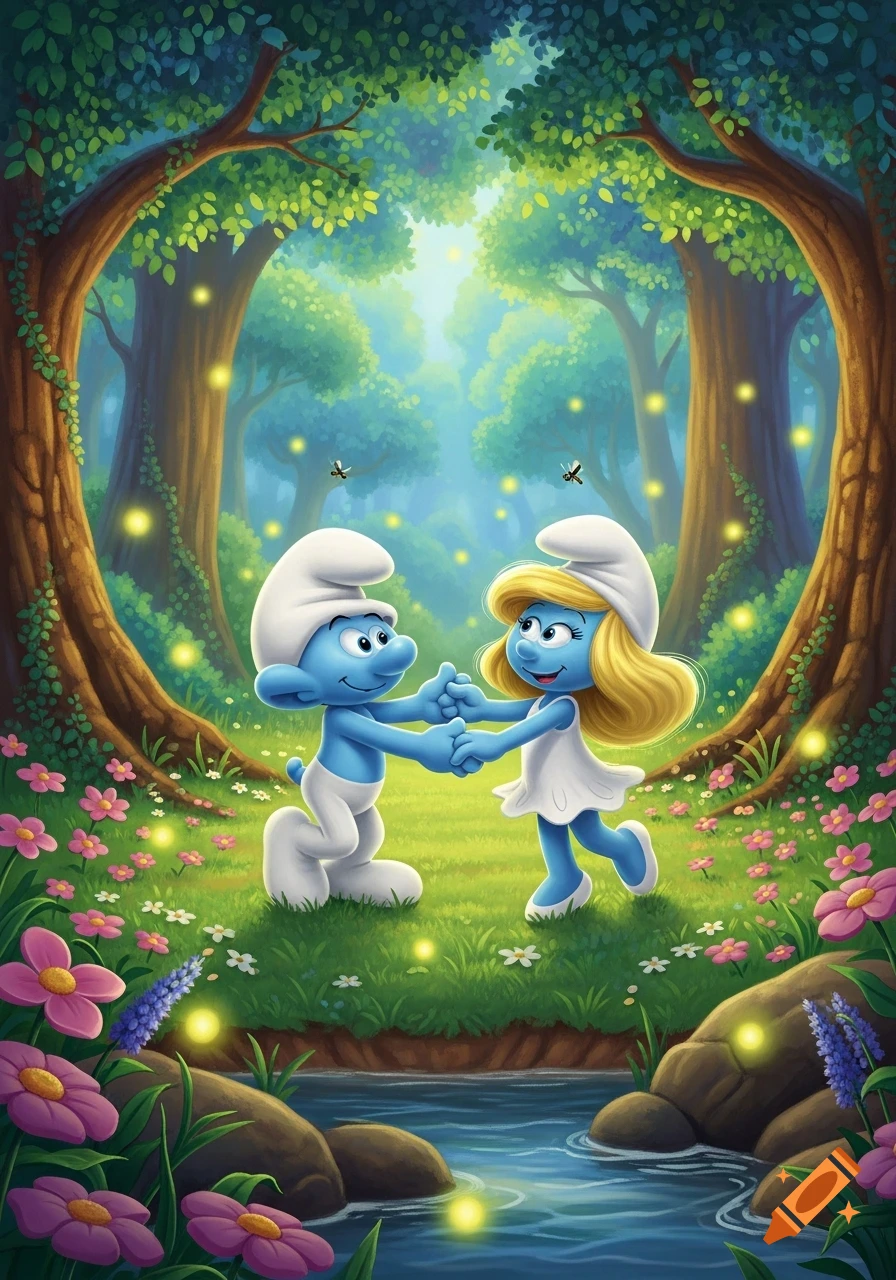 A cartoon Smurf and Smurfette dance hand-in-hand in a magical forest, surrounded by glowing fireflies, trees, flowers, and a stream.