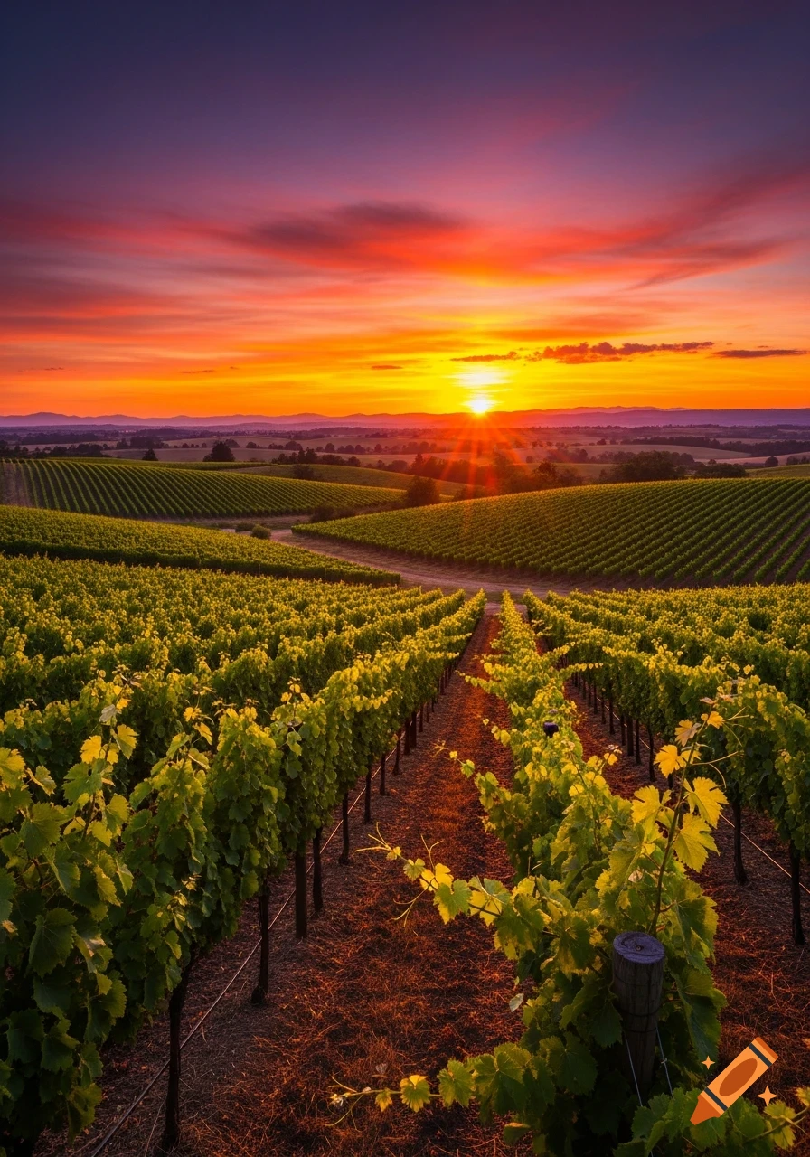 A vibrant sunset casts warm orange, red, and purple hues over a sprawling vineyard with rows of green grapevines.