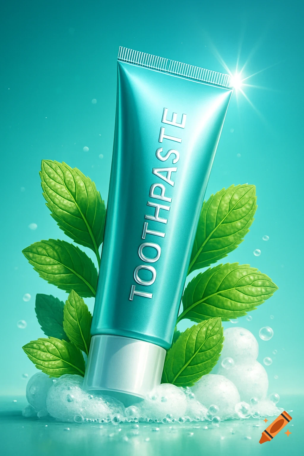 A shiny, teal toothpaste tube stands upright amidst fresh green mint leaves and white foam bubbles on a vibrant turquoise background.