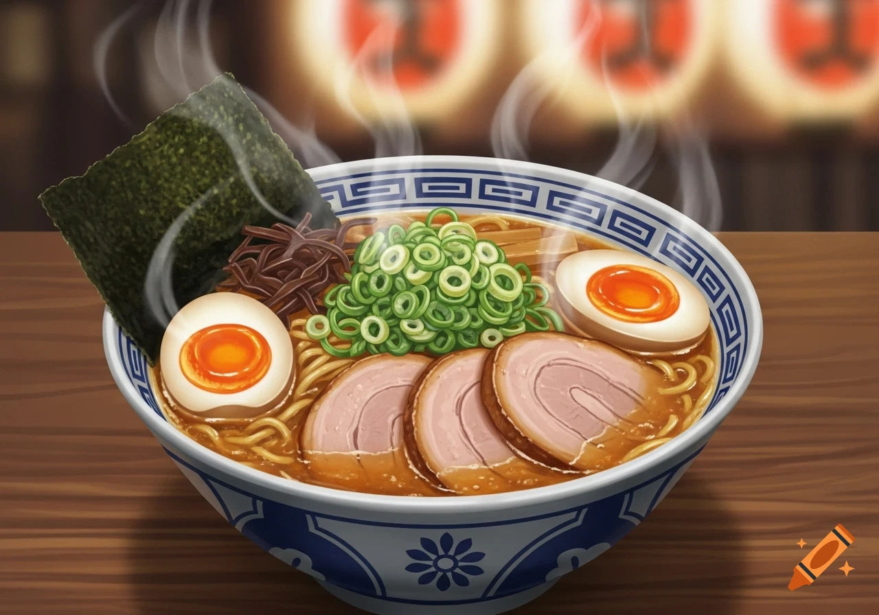 Illustration of a steaming bowl of miso ramen with egg, pork slices, green onions, and seaweed.