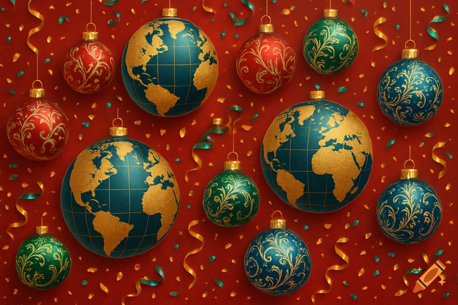 A festive background with red, green, and blue Christmas ornaments, some shaped like gold-detailed world globes, surrounded by gold and green confetti on a red surface.