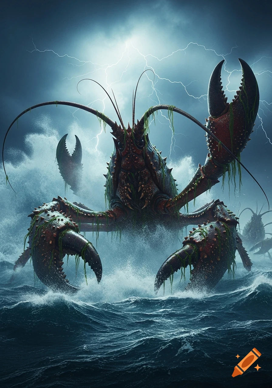A giant, monstrous red and green crustacean with large claws emerges from a stormy, churning dark blue ocean under a lightning-filled sky. Other similar creatures are visible in the background.