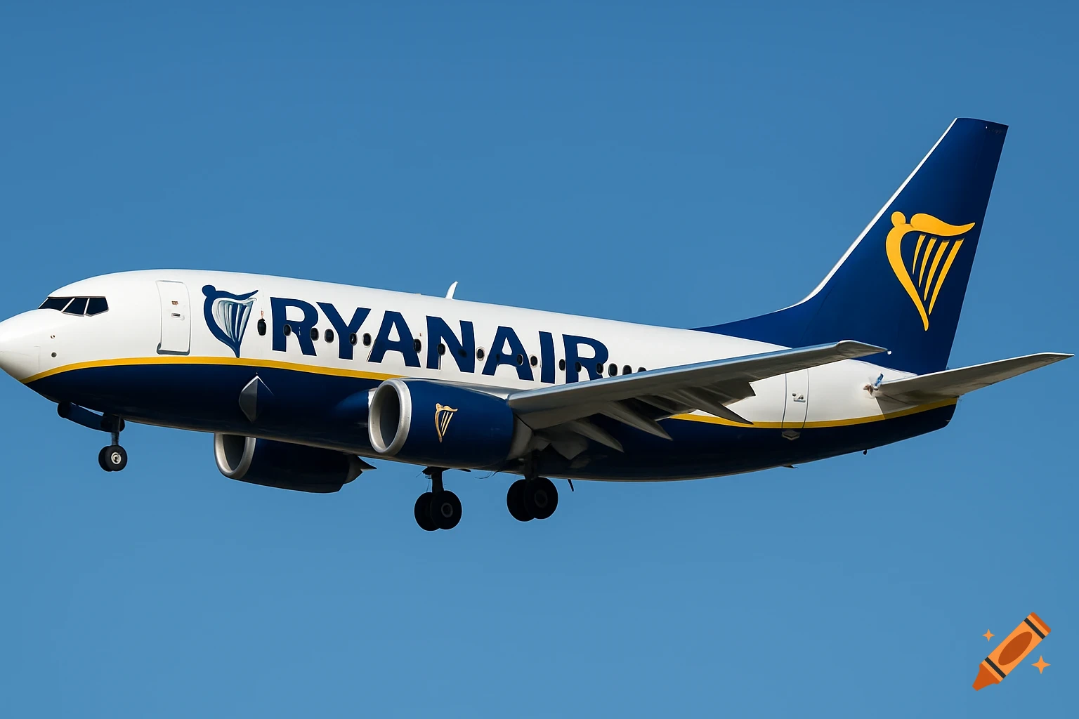 A white and dark blue Ryanair airplane with a yellow stripe and harp logo, with landing gear deployed, against a clear blue sky.