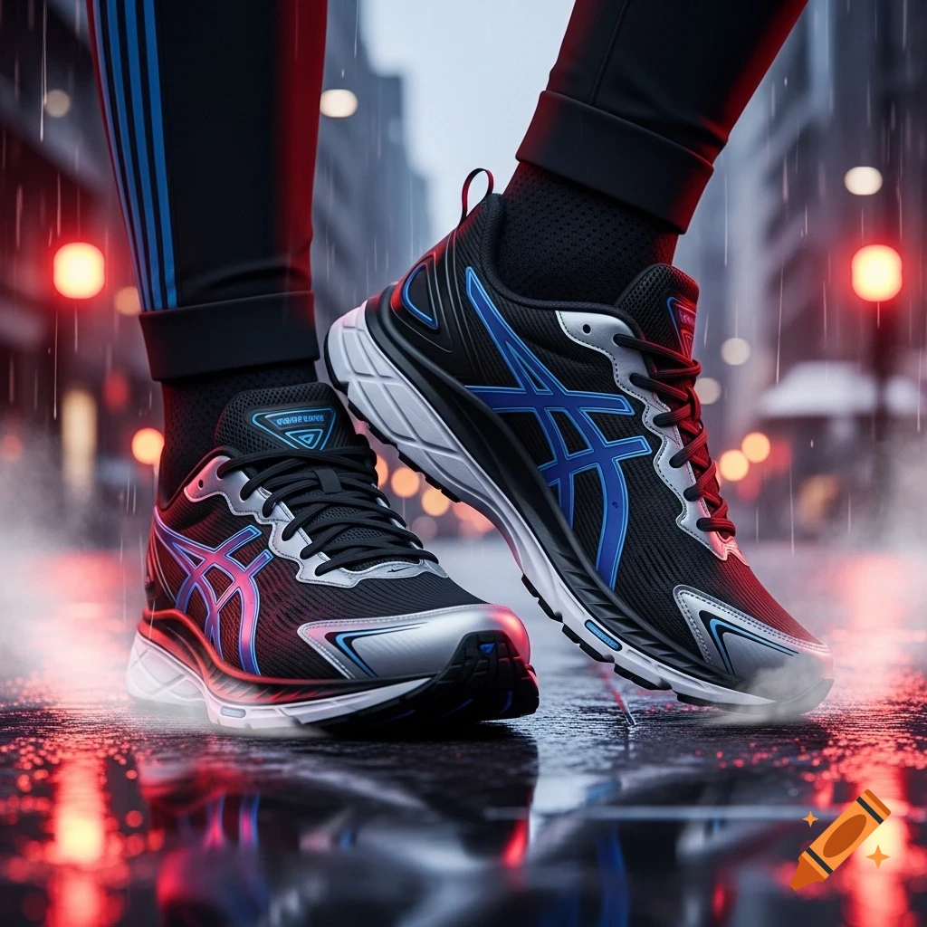 Close-up of black and blue athletic sneakers with reflective accents on a wet, rainy city street at night, with red lights reflecting off the ground.