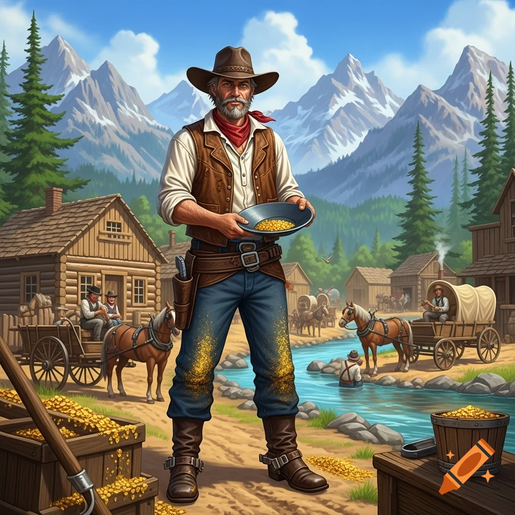 Illustrated scene of a grizzled gold miner holding a pan of gold in a bustling Wild West mining town with mountains.