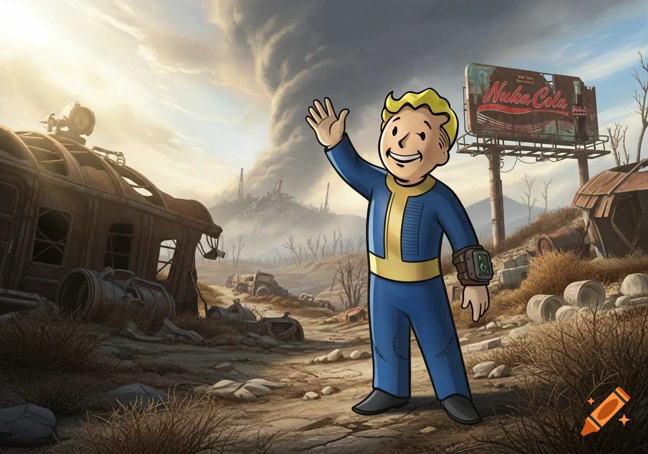 Vault Boy waves in a post-apocalyptic wasteland with a Nuka-Cola billboard under a cloudy sky, in a cartoon style.