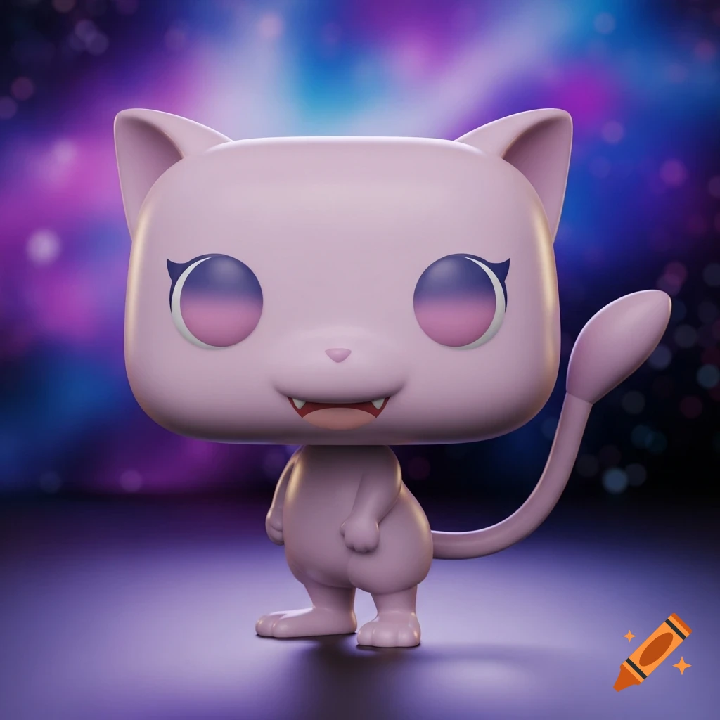 Pink Mew Funko Pop Vinyl figure with large black eyes and small fangs, standing against a blurred purple and blue galaxy background.