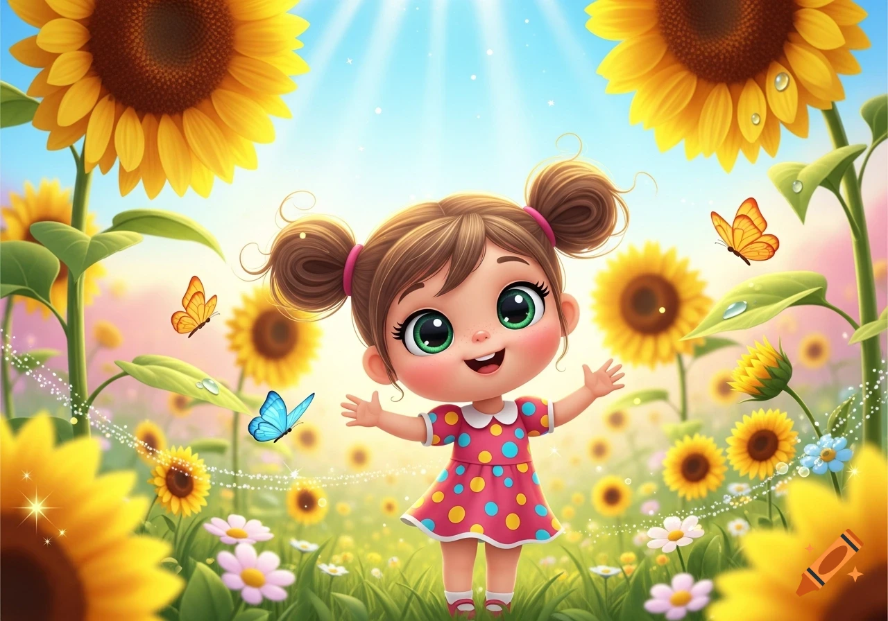 A cute cartoon girl with pigtails stands in a vibrant sunflower field with butterflies, arms outstretched, in a children's illustration style.