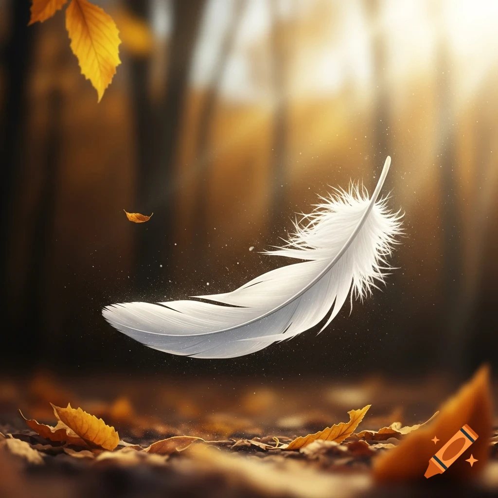 A white feather floats above fallen autumn leaves, illuminated by warm golden sunlight in a forest.