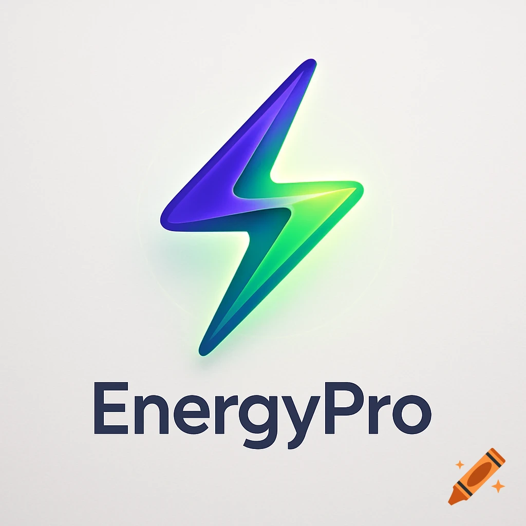 A stylized lightning bolt logo with purple and green gradients above the text EnergyPro on a white background.