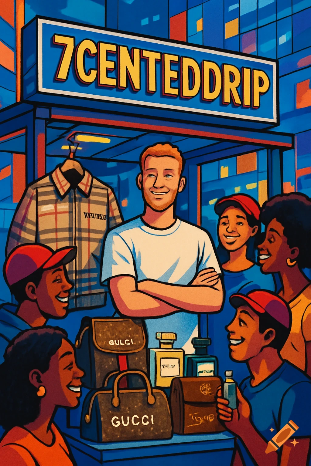 Cartoon illustration of a man with crossed arms in a shop, surrounded by smiling customers and luxury items like bags, jackets, and perfumes, with a sign reading "7CENTEDDRIP" above.