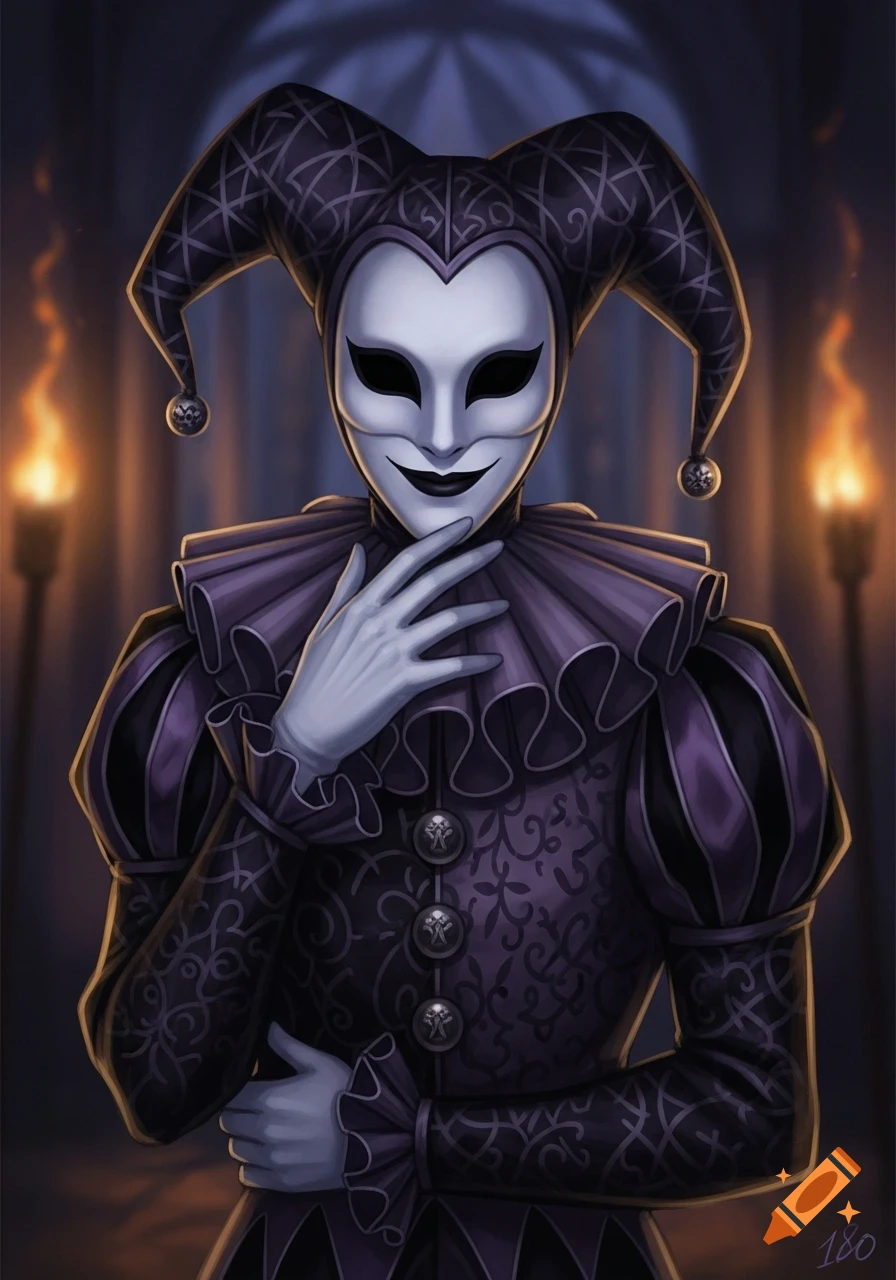 An illustration of a jester in a black and dark purple costume and a white mask with a sweet smile, holding a hand to their chin in a dark room with torches.