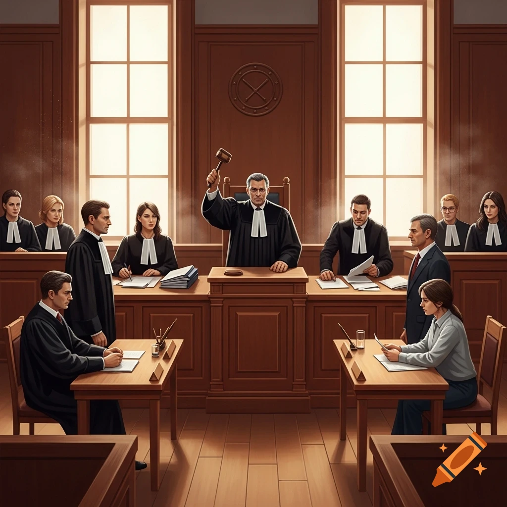 An illustrated courtroom scene with a judge wielding a gavel, lawyers, and other individuals seated in wooden pews and at tables.