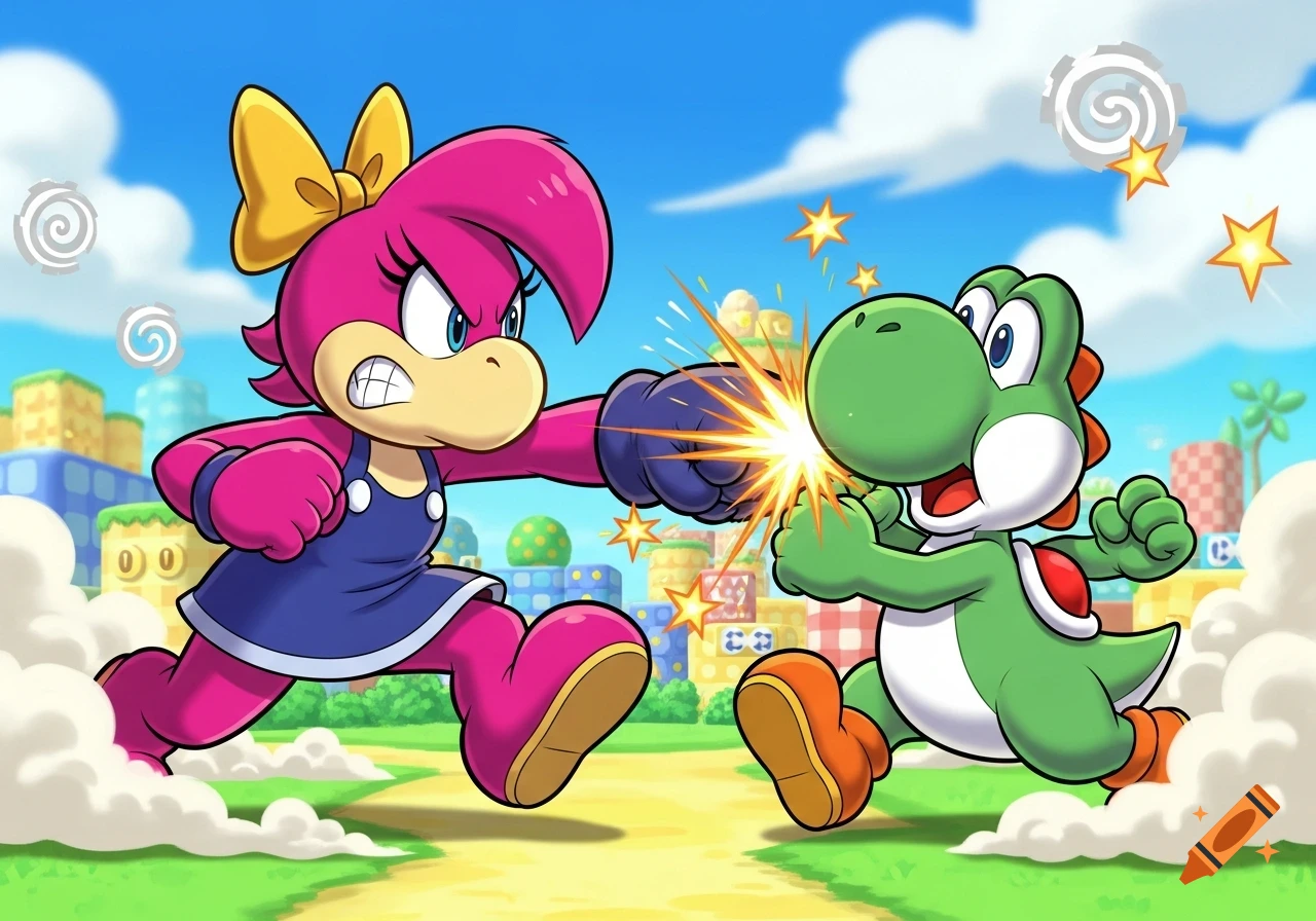 A pink Birdo in a blue dress punches a green Yoshi, who is reacting to the impact, in a vibrant cartoon style with a sky and block background.