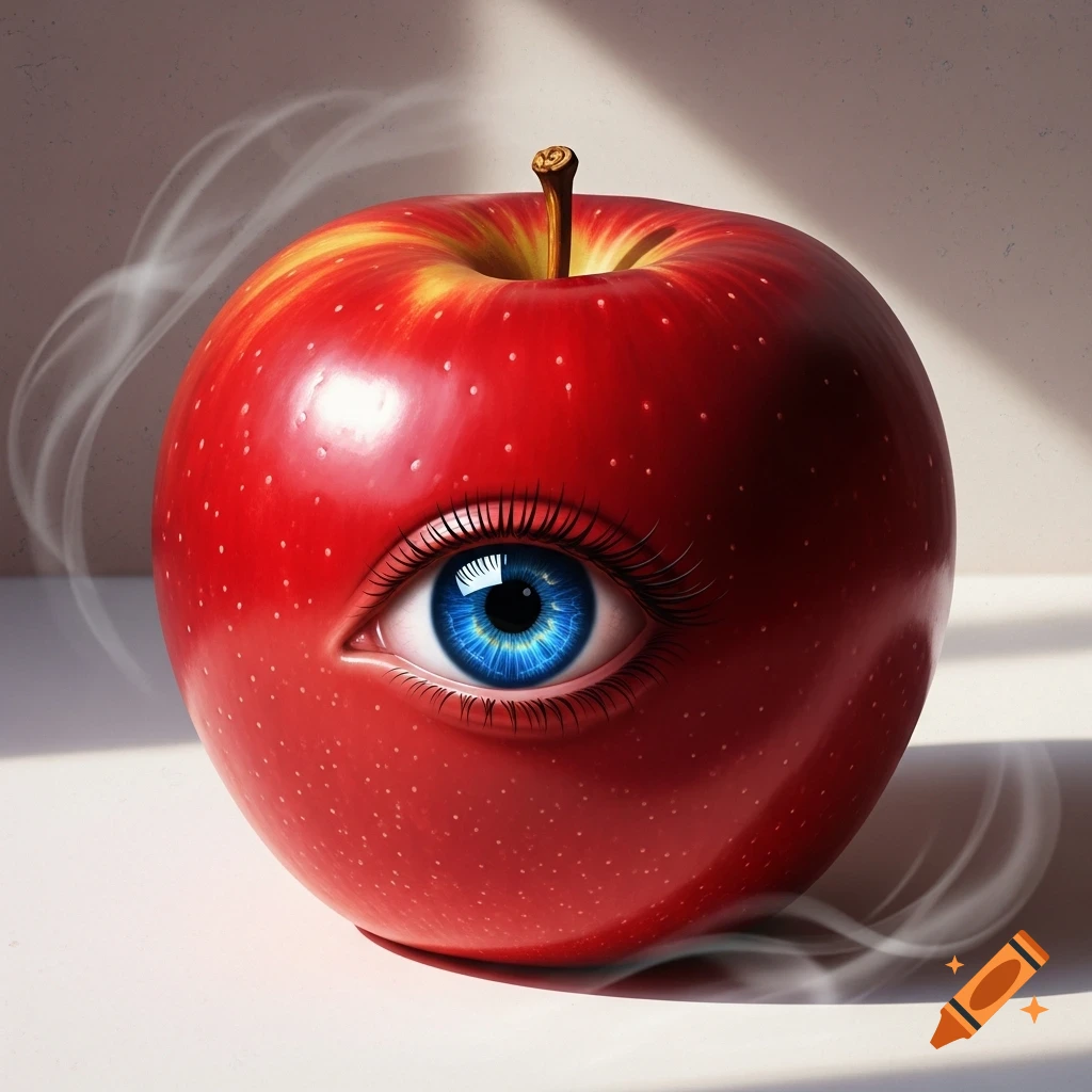 A vibrant red apple with a detailed blue eye embedded in its side, surrounded by wisps of smoke, in a photorealistic surreal style.