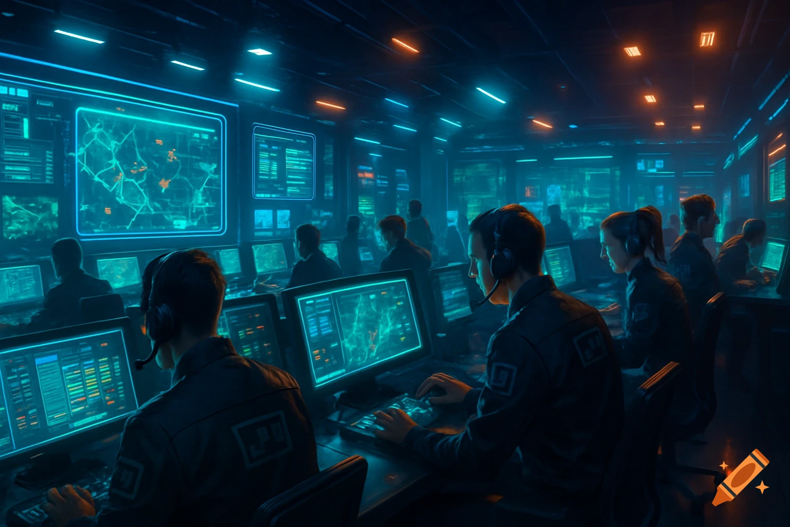 People wearing headsets work intensely in a dark, neon-lit control room with multiple glowing computer screens displaying complex data.