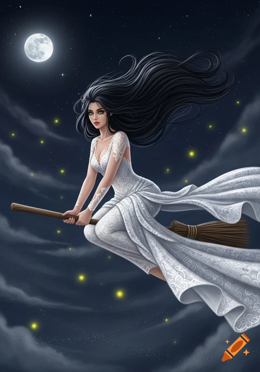 A beautiful witch with long black hair, green eyes, in a white lace gown, flies on a broom under a full moon and starry sky. Digital art.