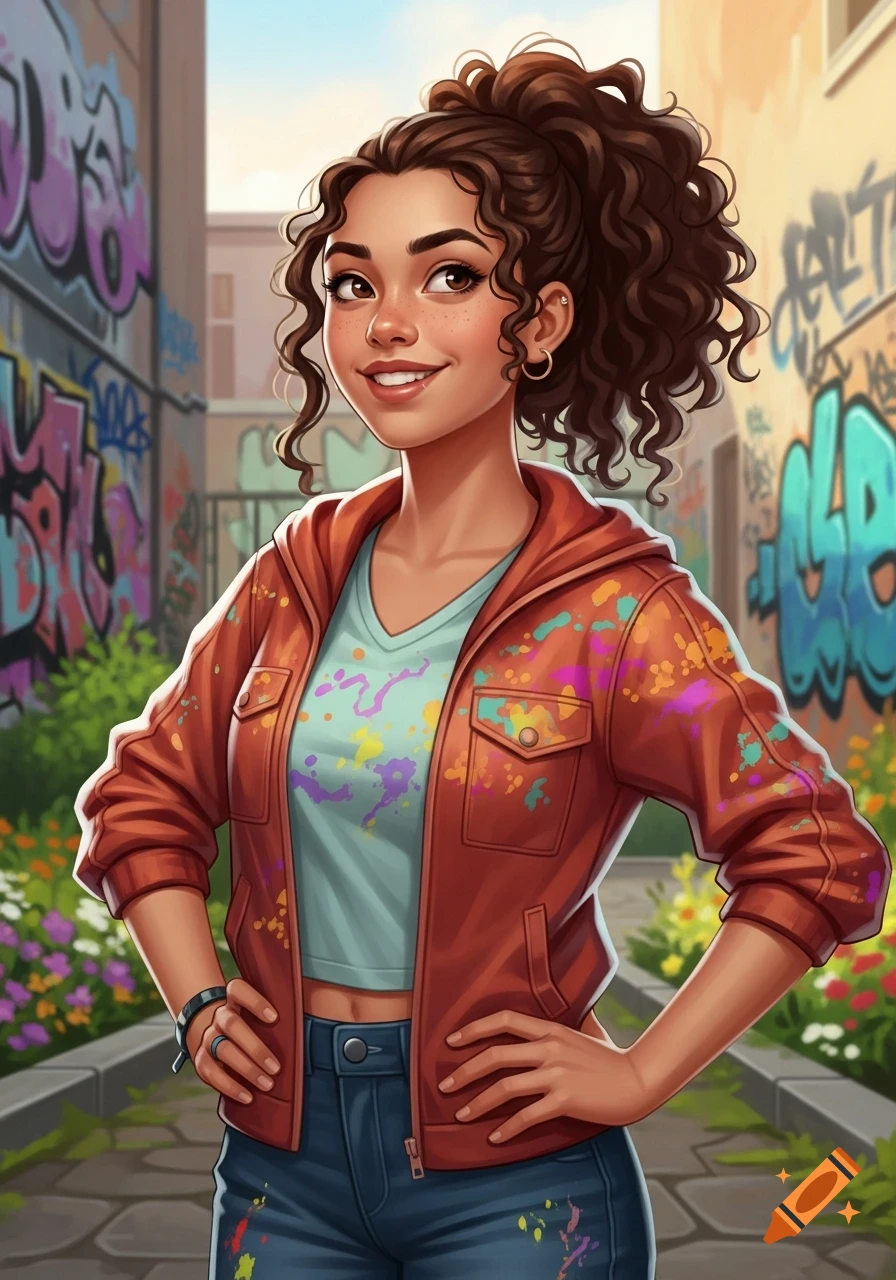 An illustration of a smiling young woman with curly brown hair in a ponytail, wearing a paint-splattered jacket and jeans, standing in a graffiti-covered alley.