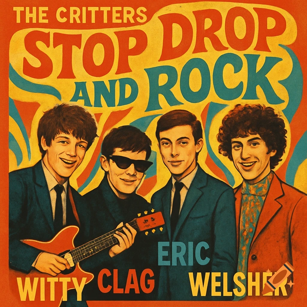 Retro 1960s style album cover for "The Critters" and "Stop Drop and Rock," featuring four smiling band members.