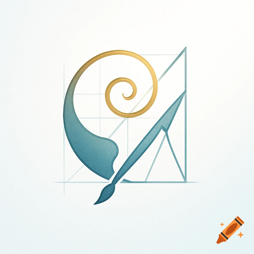 Logo combining a golden spiral and a blue-green paintbrush on a grid background.