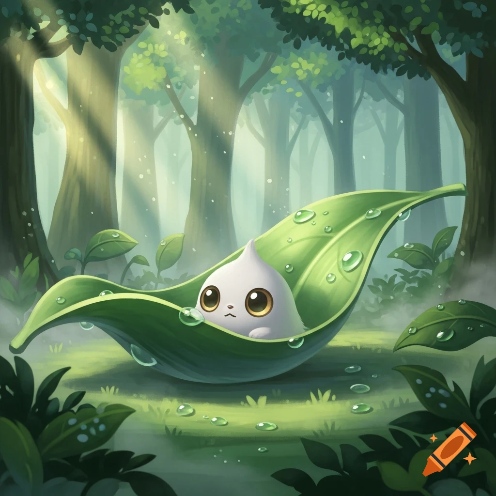 A cute white, tear-drop shaped creature with large brown eyes rests in a dewdrop-covered green leaf in a misty, sunlit forest.