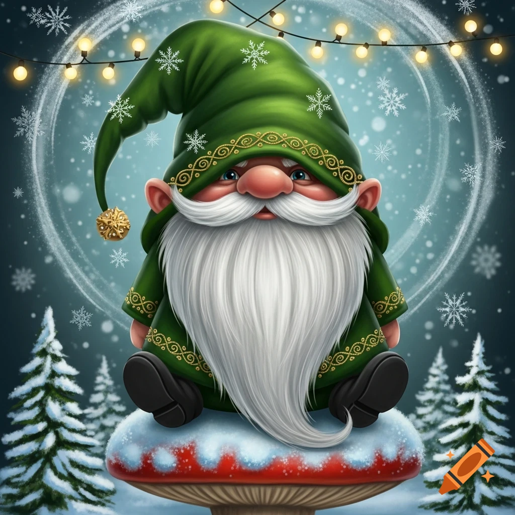 A whimsical illustration of a Christmas gnome with a long white beard, wearing a green hat and suit with gold trim, sitting on a snow-covered red mushroom. Snowy evergreen trees, falling snowflakes, and string lights are in the background.