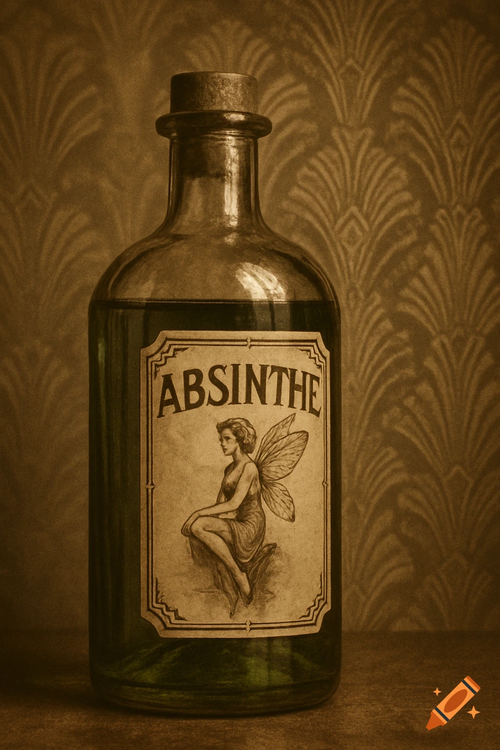 Vintage sepia-toned photo of a green absinthe bottle with a fairy label against a patterned background.