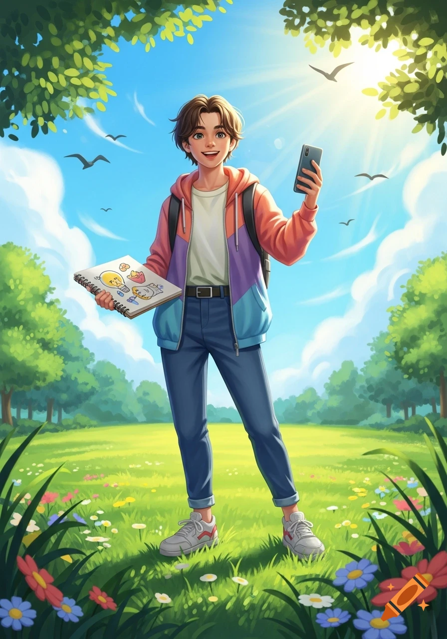 A cheerful anime-style teenager in a colorful hoodie stands in a sunny park, holding a phone and a sketchbook.