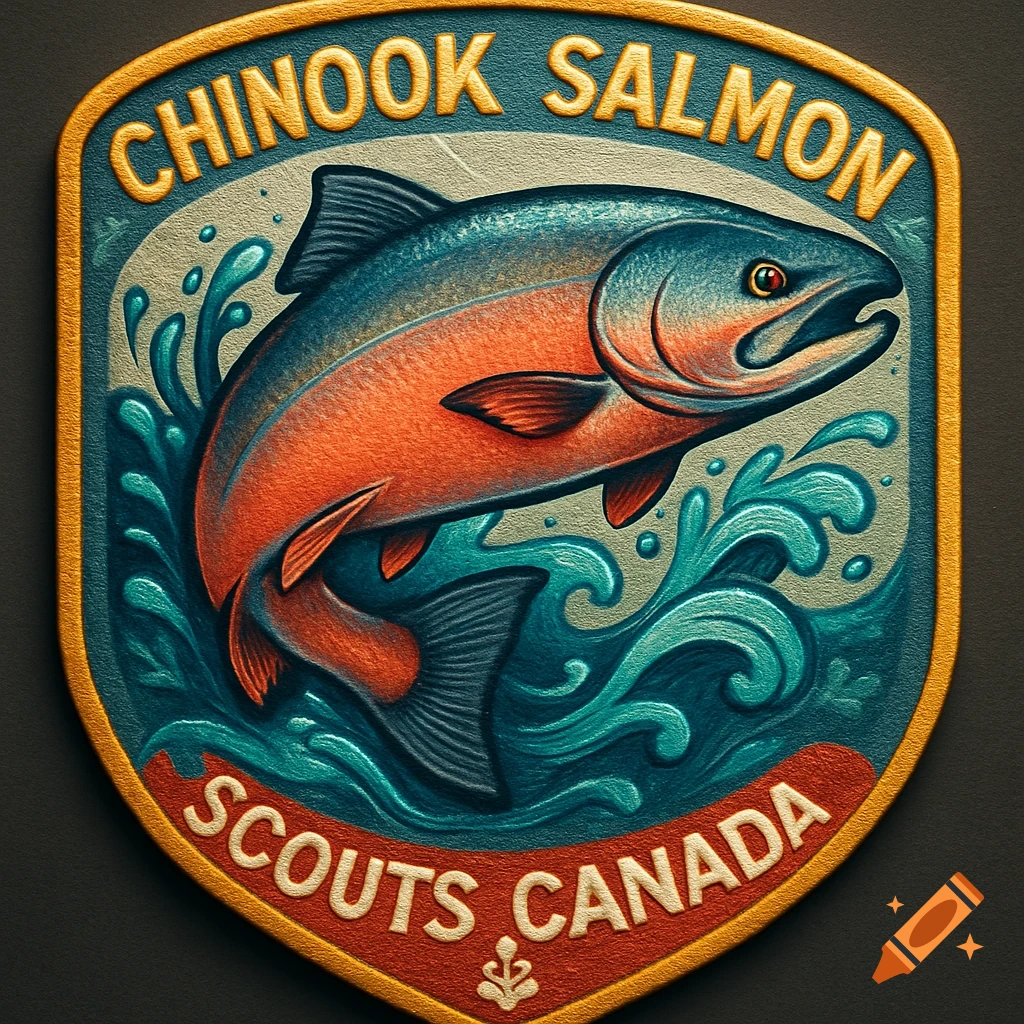 Stylized embroidered badge with a Chinook salmon jumping in blue water. Text reads "CHINOOK SALMON" and "SCOUTS CANADA".