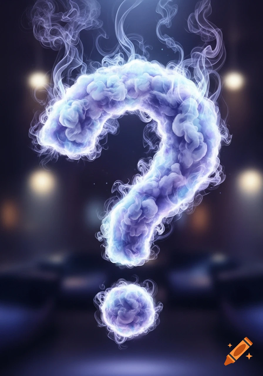A luminous blue and purple question mark made of billowing smoke, set against a dark, blurred background with distant lights.