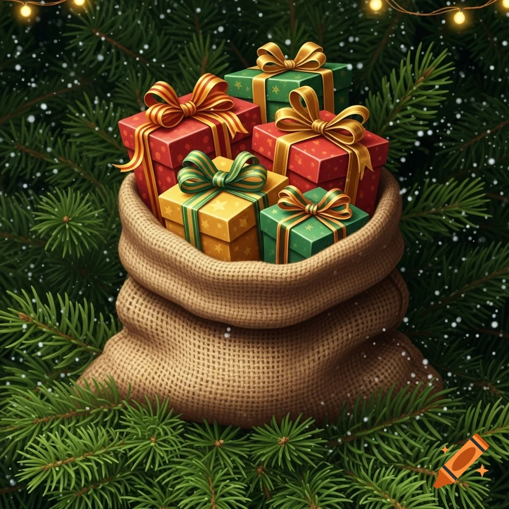 Colorful Christmas presents spill from a burlap sack, surrounded by snow-dusted pine branches and twinkling lights.