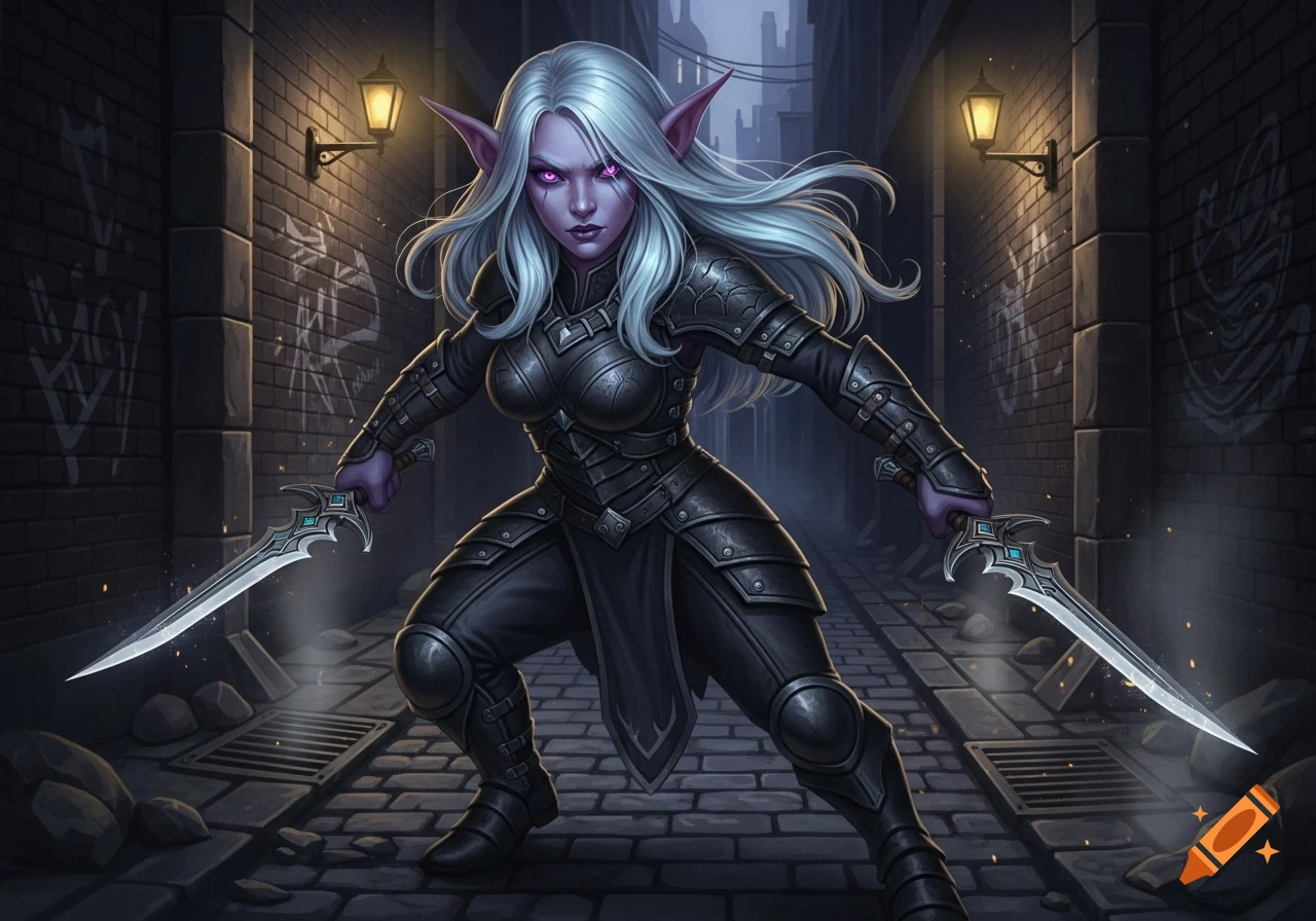 A purple-skinned female deep gnome with white hair and glowing purple eyes, wearing black leather armor, crouches with two daggers in a dimly lit back alley.