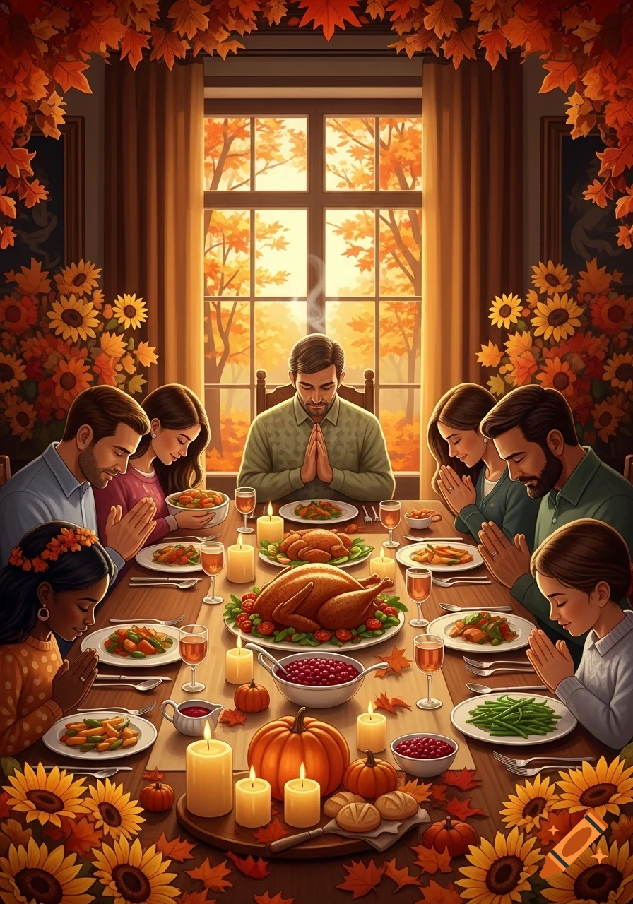 A family prays around a Thanksgiving table set with two turkeys, food, and autumn decorations, with fall foliage outside the window.