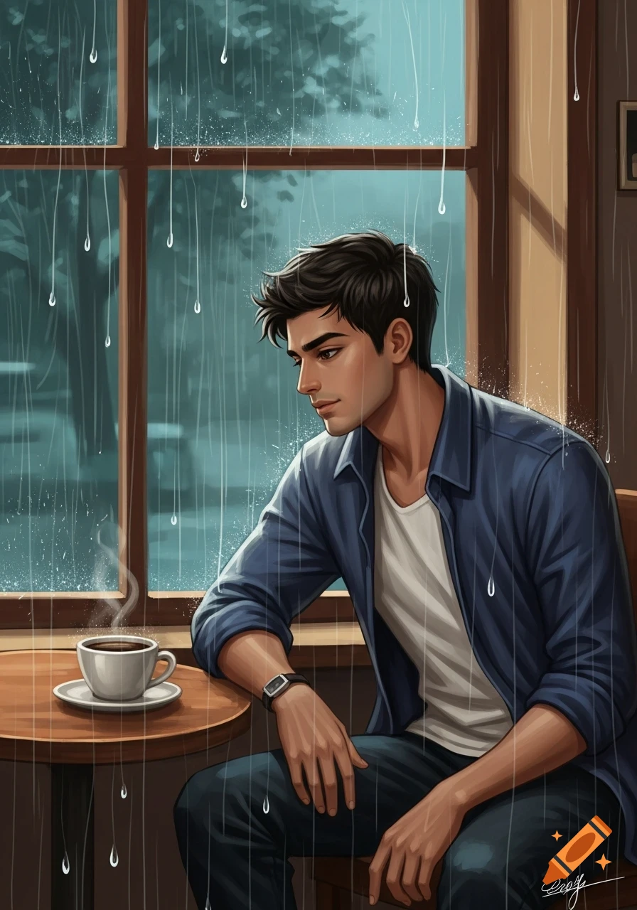 Illustrative drawing of a man in a coffee shop, looking out a rainy window with a steaming coffee cup.