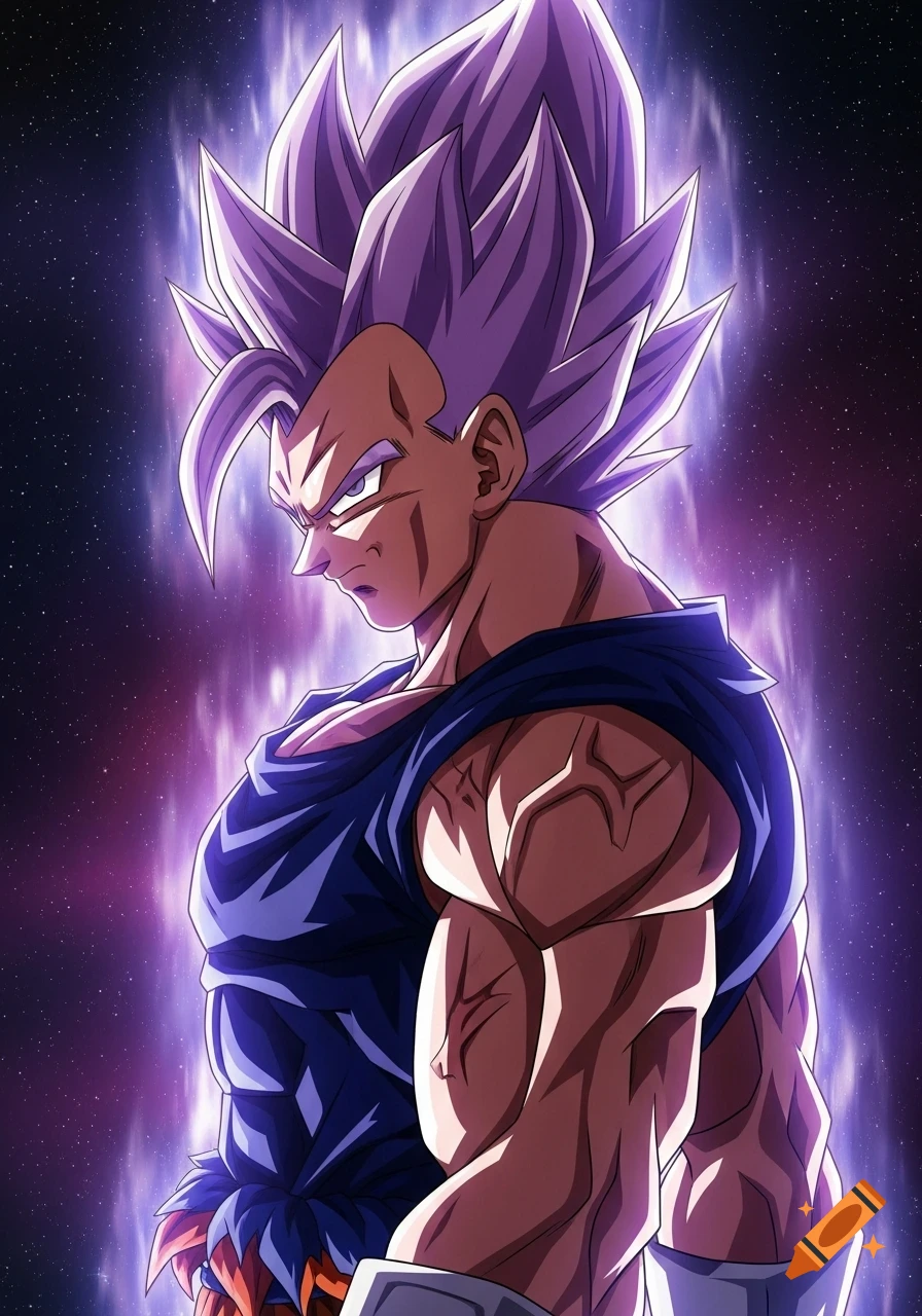 An anime character resembling Vegeta with spiky purple hair and a muscular physique, glowing with a purple aura in a space background.