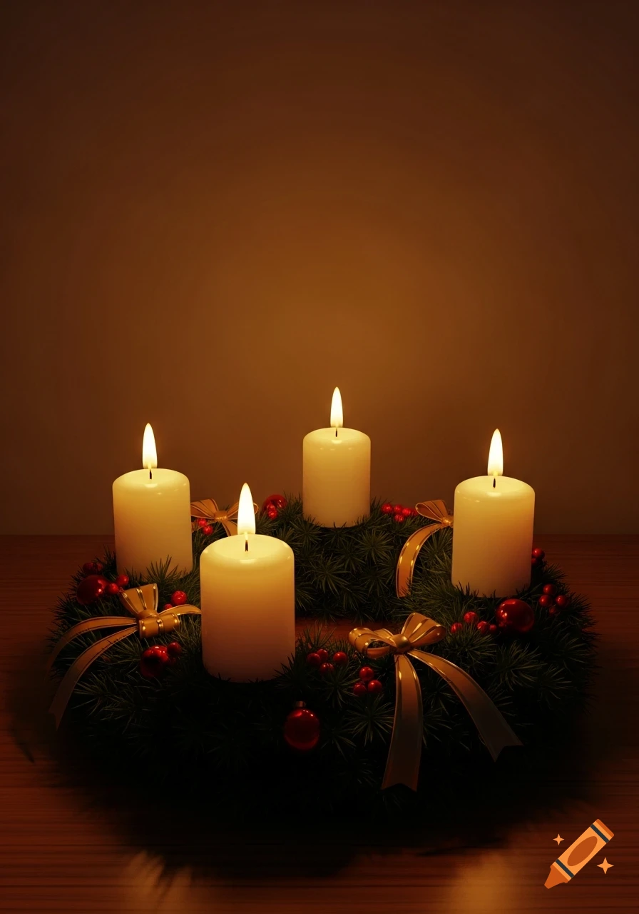 Four burning candles on a festive Advent wreath with green foliage, red berries, and golden ribbons, against a warm, dark background.