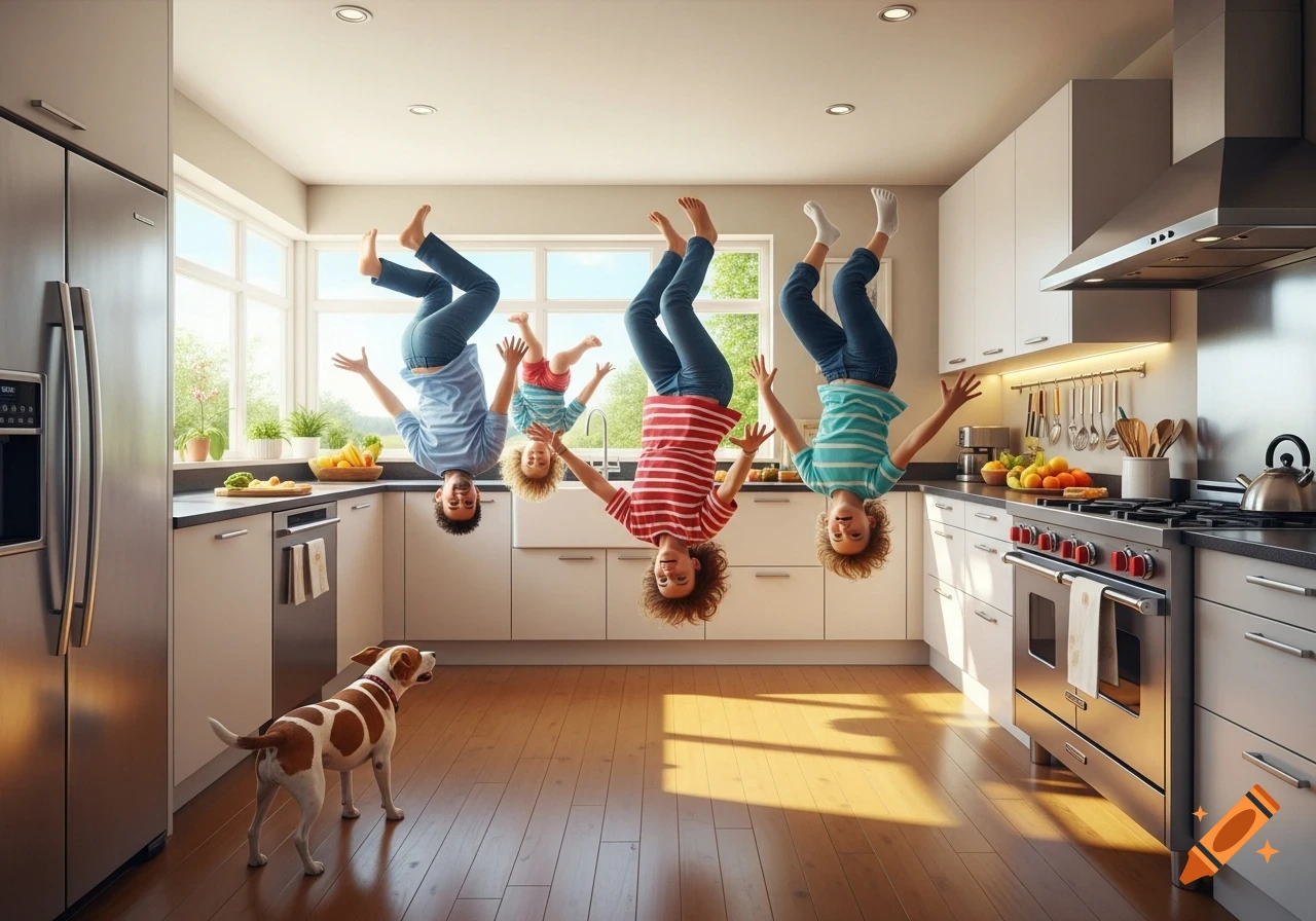 A family of four, two adults and two children, hang upside down from the ceiling in a bright, modern kitchen as a dog watches.
