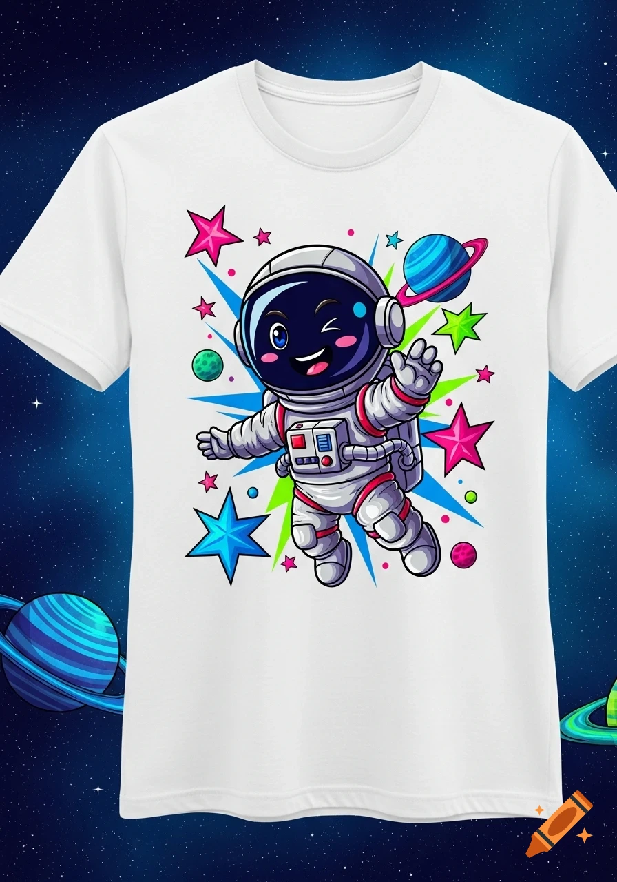A white t-shirt featuring a cute cartoon astronaut winking and waving amidst stars and planets in space.