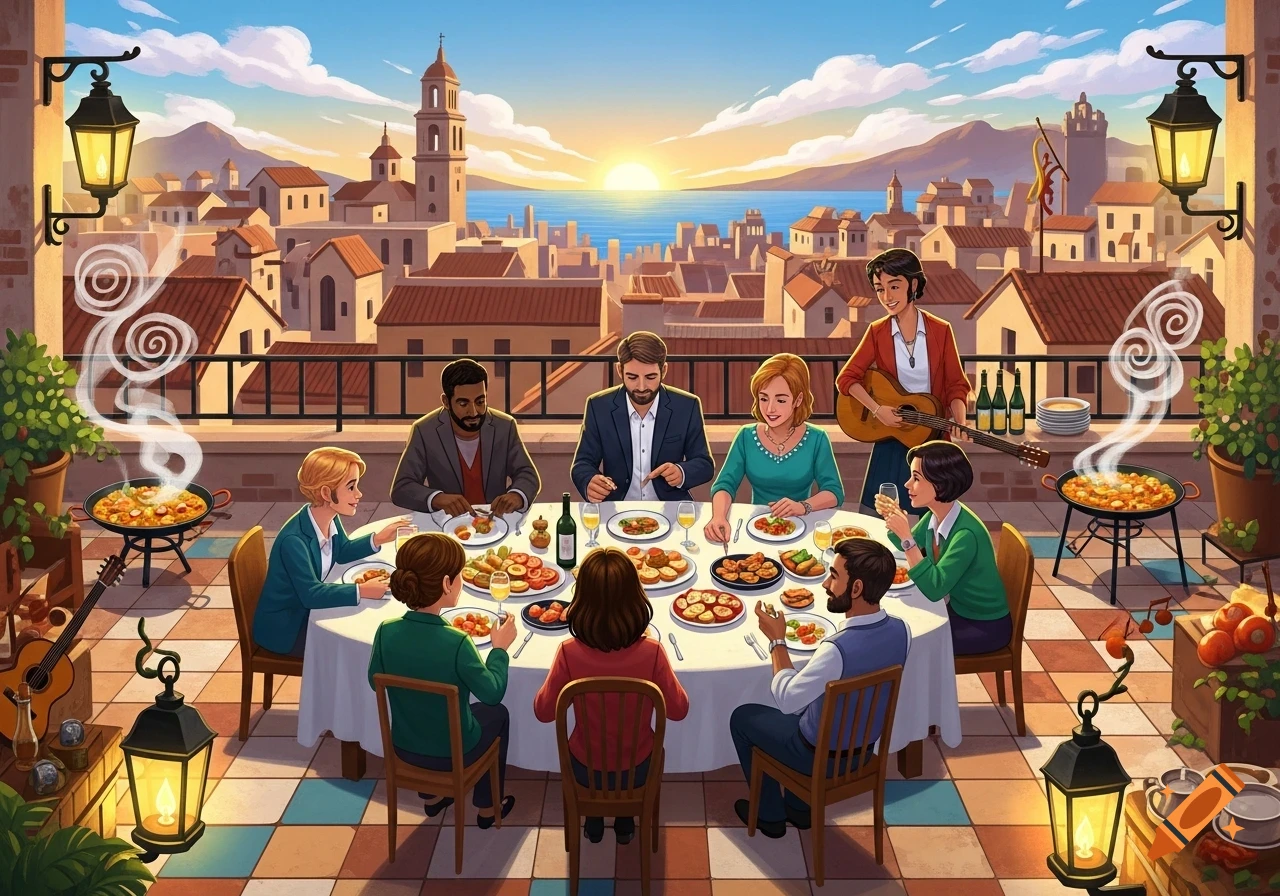 A group of diverse people dine on a rooftop terrace overlooking a vibrant Mediterranean city at sunset, in an illustration style.