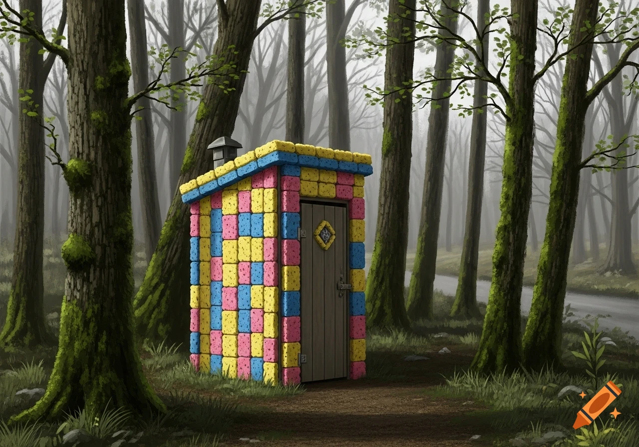A whimsical outhouse covered in pink, yellow, and blue sponges stands on a dirt path in a misty, mossy forest.