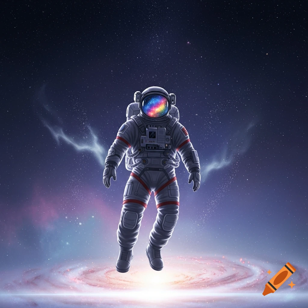 An astronaut floats in deep space, with a colorful galaxy reflected in their helmet and a luminous spiral galaxy below.