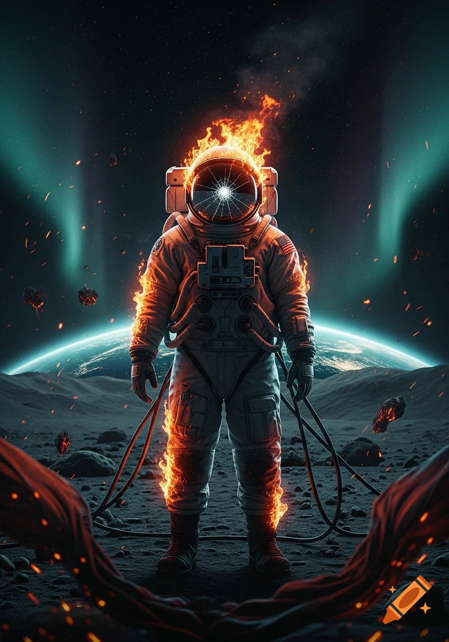 A burnt astronaut stands on a rocky moon surface with Earth and green aurora in the dark space background.