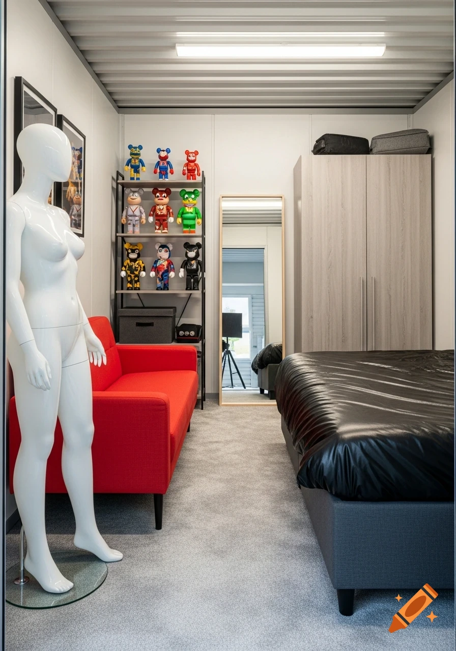 A small, narrow room resembling a converted storage unit, furnished with a white mannequin, red loveseat, shelves with action figures, a full-length mirror, a wardrobe, and a bed with a black sheet.