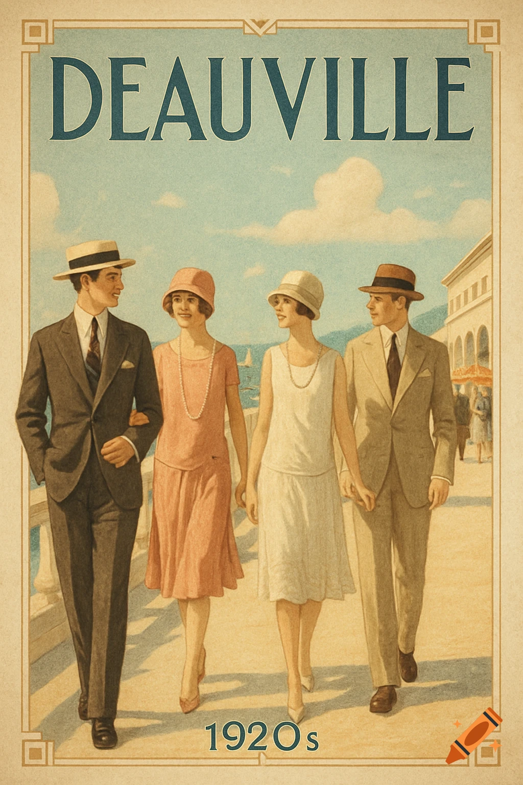 Vintage poster for Deauville in the 1920s, showing two elegant couples walking by the sea in period fashion.